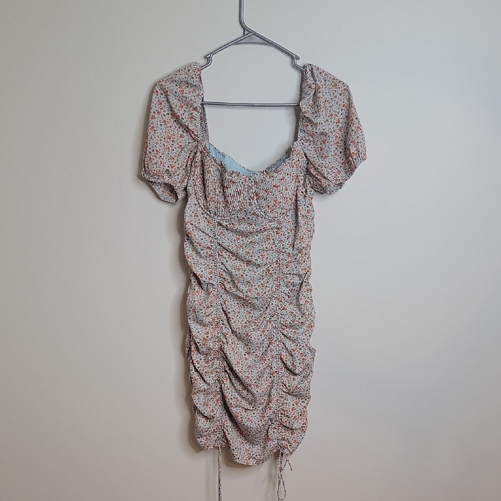 Storia Pink Ruched Puff Sleeve Mini Dress